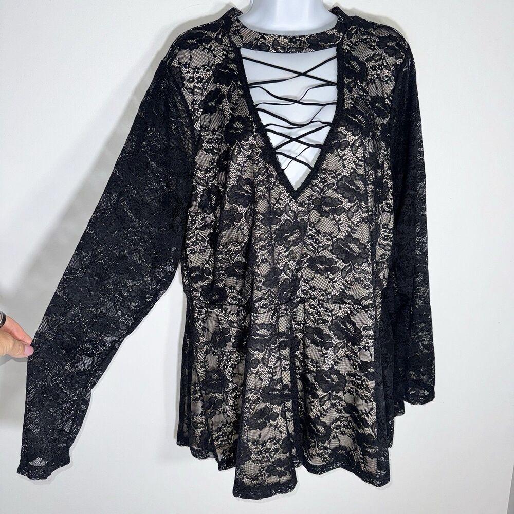 NWT Torrid Size 3 Black Lace Up Peplum Top Overlay Long Sleeve Lined 3X 22-24